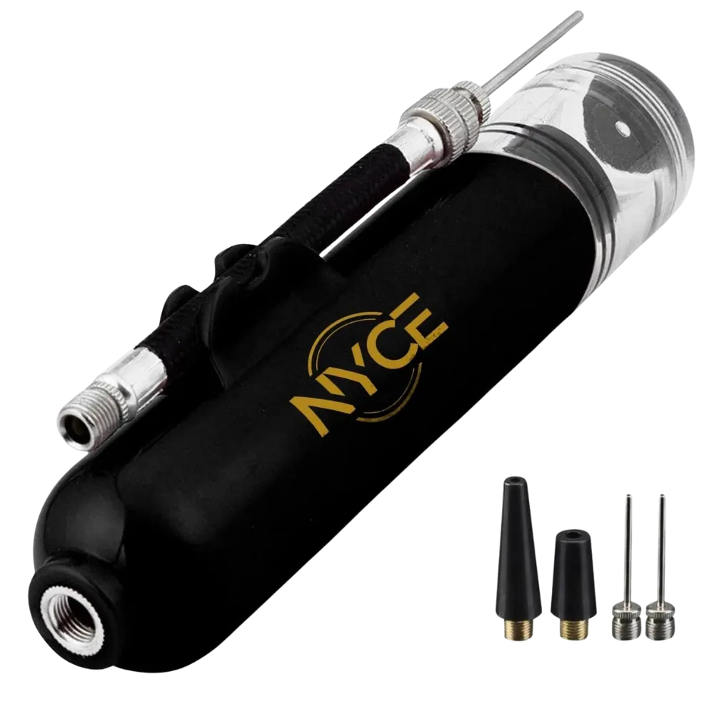 Mini pompe Ny’ce en plastique transparent avec embouts et adaptateurs, idéale pour pneus de vélo, ballons et matelas